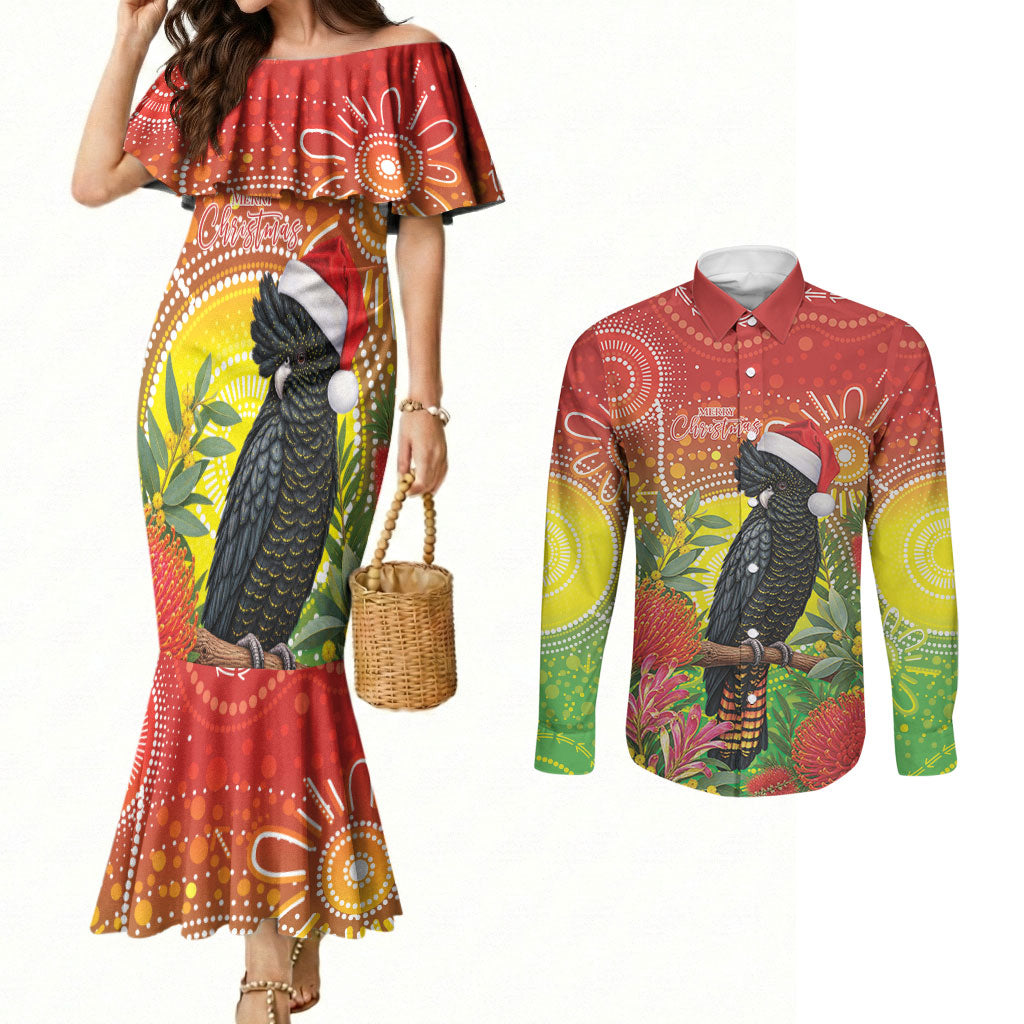 Australia Christmas Black Cockatoo Couples Matching Mermaid Dress and Long Sleeve Button Shirt Aboriginal Art