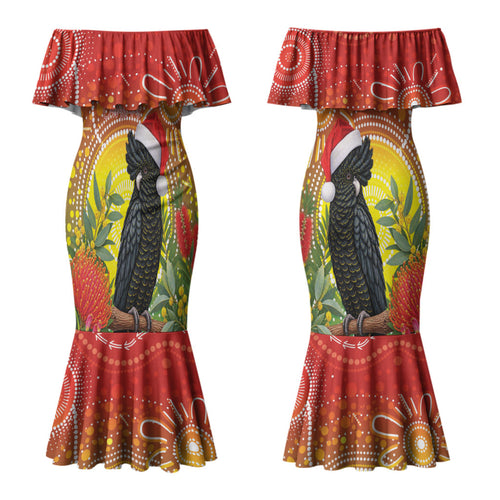 Australia Christmas Black Cockatoo Couples Matching Mermaid Dress and Long Sleeve Button Shirt Aboriginal Art