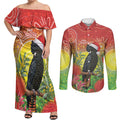 Australia Christmas Black Cockatoo Couples Matching Off Shoulder Maxi Dress and Long Sleeve Button Shirt Aboriginal Art