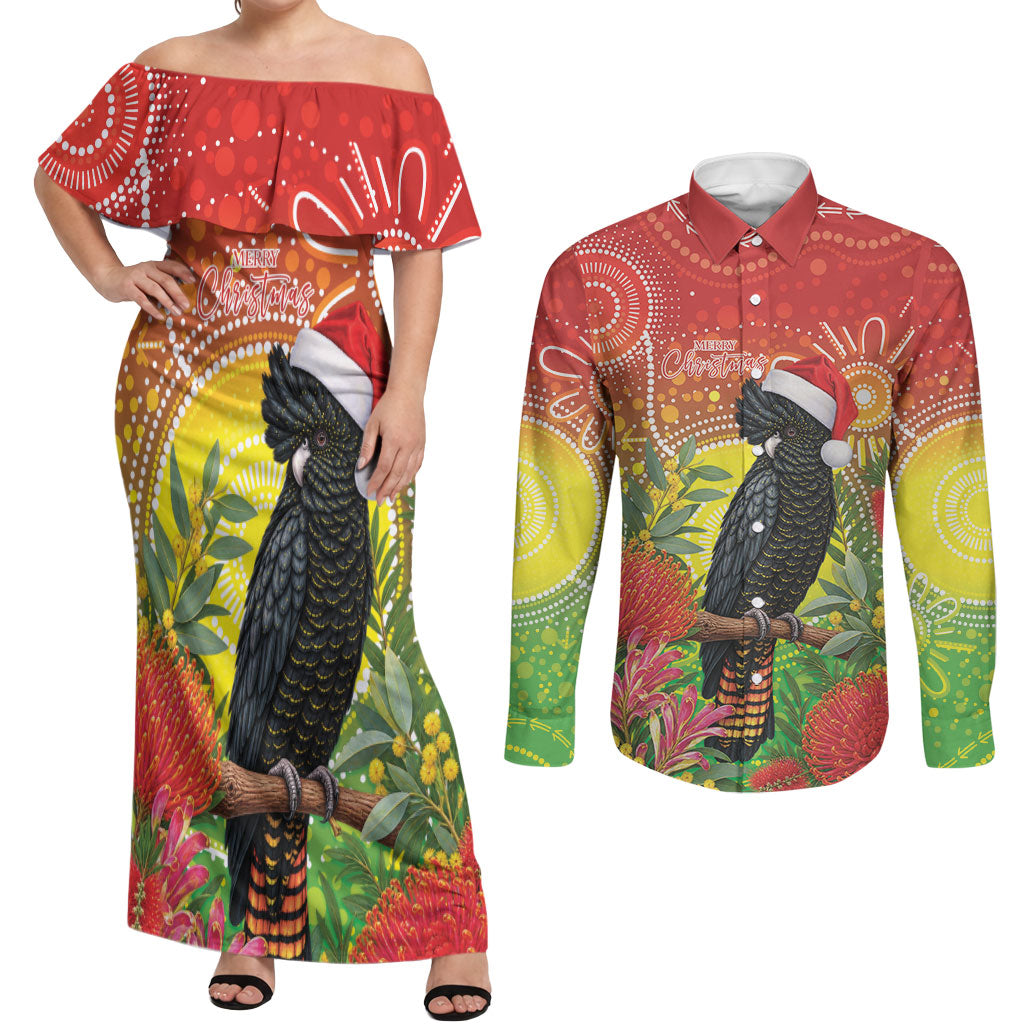 Australia Christmas Black Cockatoo Couples Matching Off Shoulder Maxi Dress and Long Sleeve Button Shirt Aboriginal Art