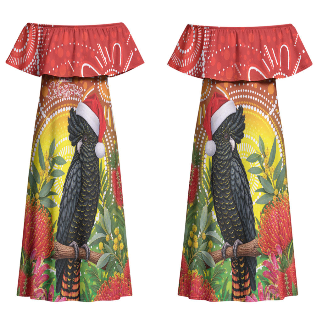 Australia Christmas Black Cockatoo Couples Matching Off Shoulder Maxi Dress and Long Sleeve Button Shirt Aboriginal Art