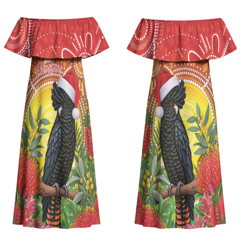 Australia Christmas Black Cockatoo Couples Matching Off Shoulder Maxi Dress and Long Sleeve Button Shirt Aboriginal Art
