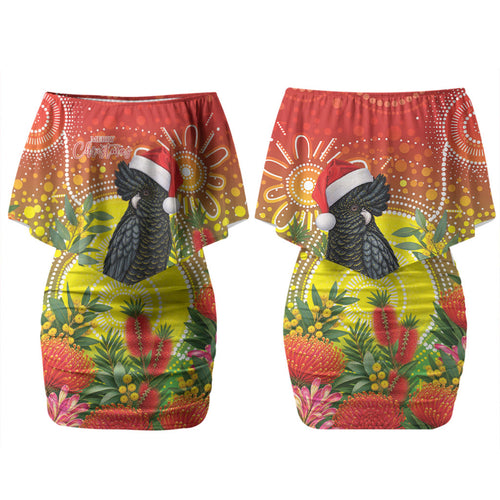 Australia Christmas Black Cockatoo Couples Matching Off Shoulder Short Dress and Long Sleeve Button Shirt Aboriginal Art