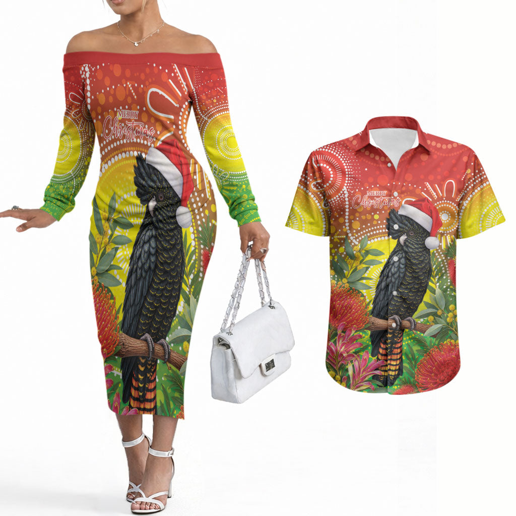 Australia Christmas Black Cockatoo Couples Matching Off The Shoulder Long Sleeve Dress and Hawaiian Shirt Aboriginal Art