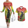 Australia Christmas Black Cockatoo Couples Matching Off The Shoulder Long Sleeve Dress and Hawaiian Shirt Aboriginal Art
