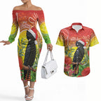 Australia Christmas Black Cockatoo Couples Matching Off The Shoulder Long Sleeve Dress and Hawaiian Shirt Aboriginal Art