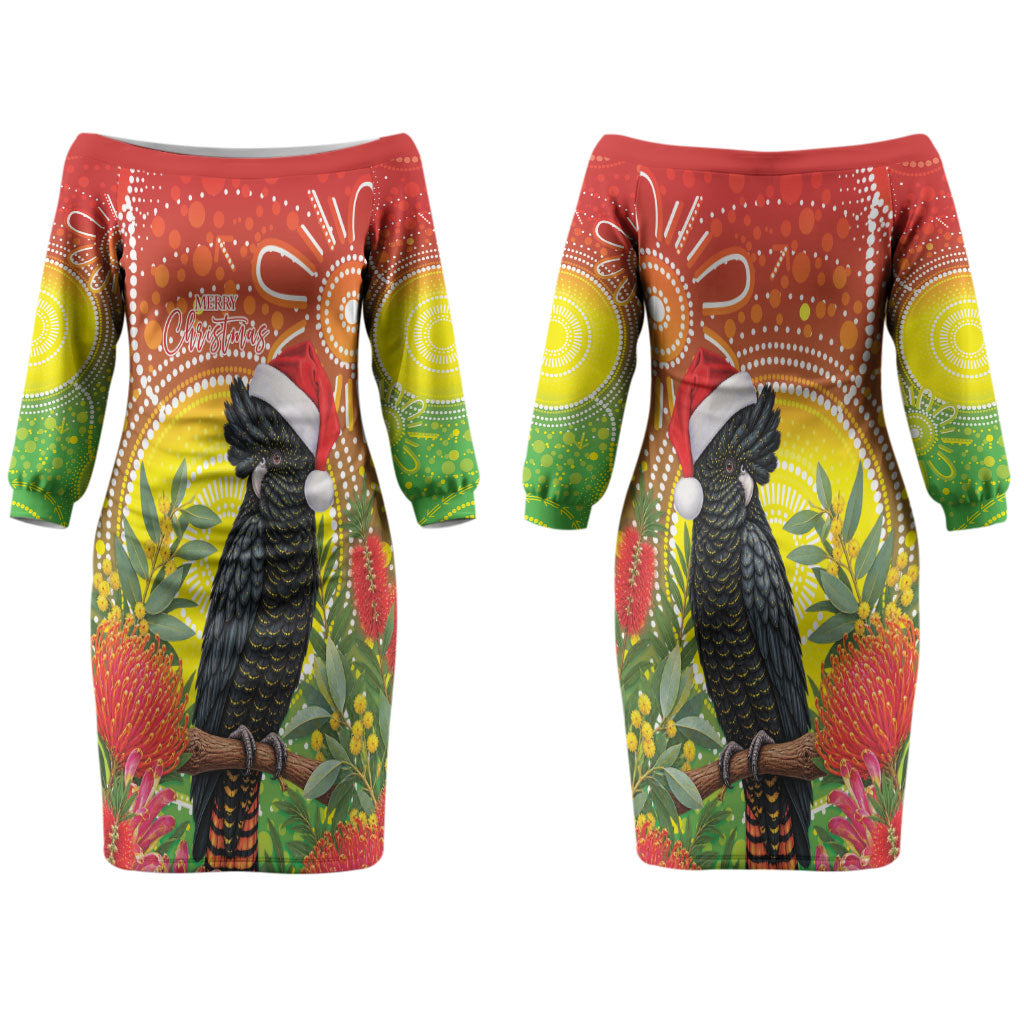 Australia Christmas Black Cockatoo Couples Matching Off The Shoulder Long Sleeve Dress and Hawaiian Shirt Aboriginal Art
