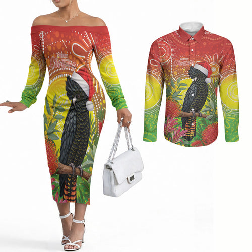 Australia Christmas Black Cockatoo Couples Matching Off The Shoulder Long Sleeve Dress and Long Sleeve Button Shirt Aboriginal Art