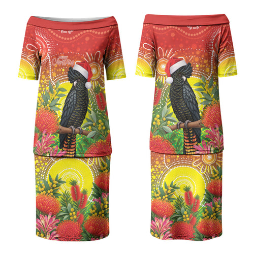Australia Christmas Black Cockatoo Couples Matching Puletasi and Long Sleeve Button Shirt Aboriginal Art