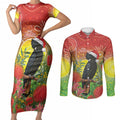 Australia Christmas Black Cockatoo Couples Matching Short Sleeve Bodycon Dress and Long Sleeve Button Shirt Aboriginal Art
