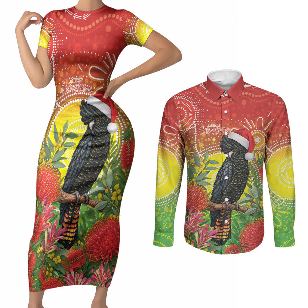 Australia Christmas Black Cockatoo Couples Matching Short Sleeve Bodycon Dress and Long Sleeve Button Shirt Aboriginal Art