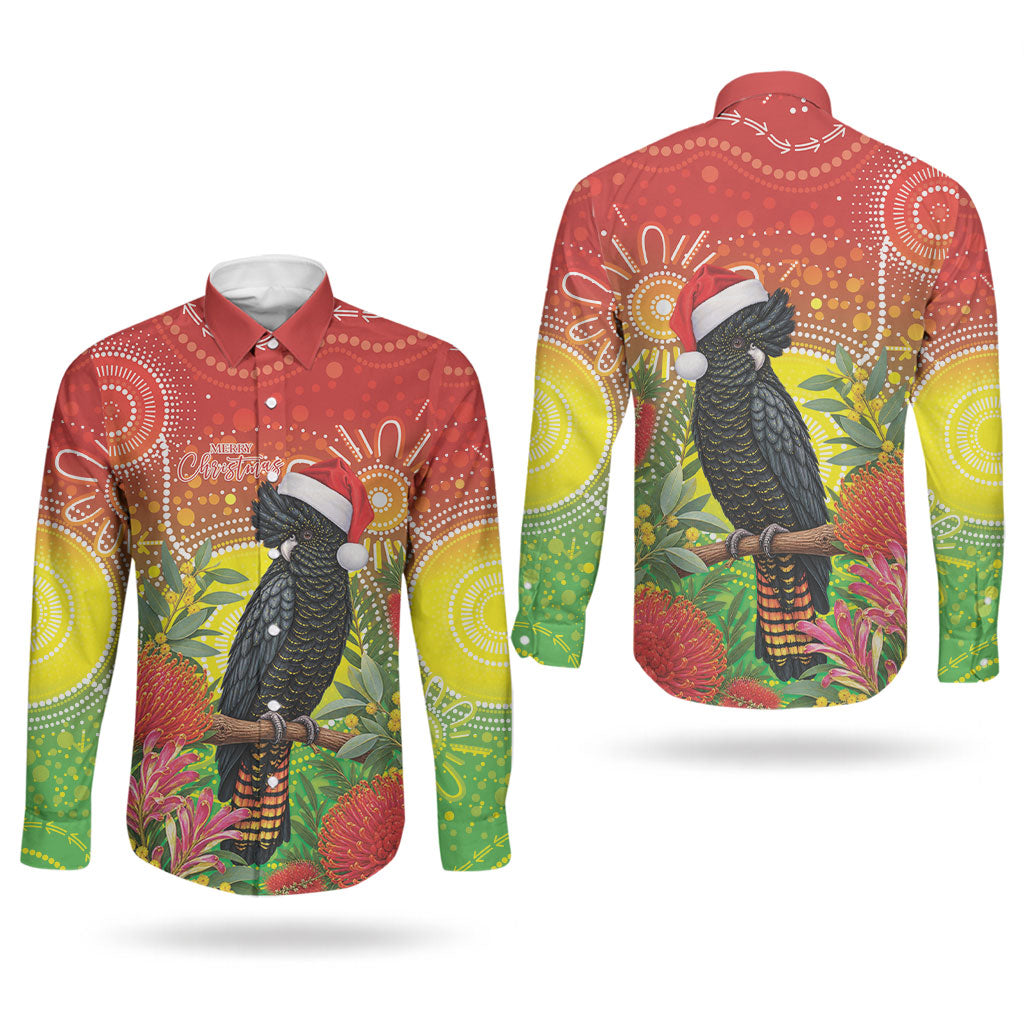 Australia Christmas Black Cockatoo Couples Matching Short Sleeve Bodycon Dress and Long Sleeve Button Shirt Aboriginal Art