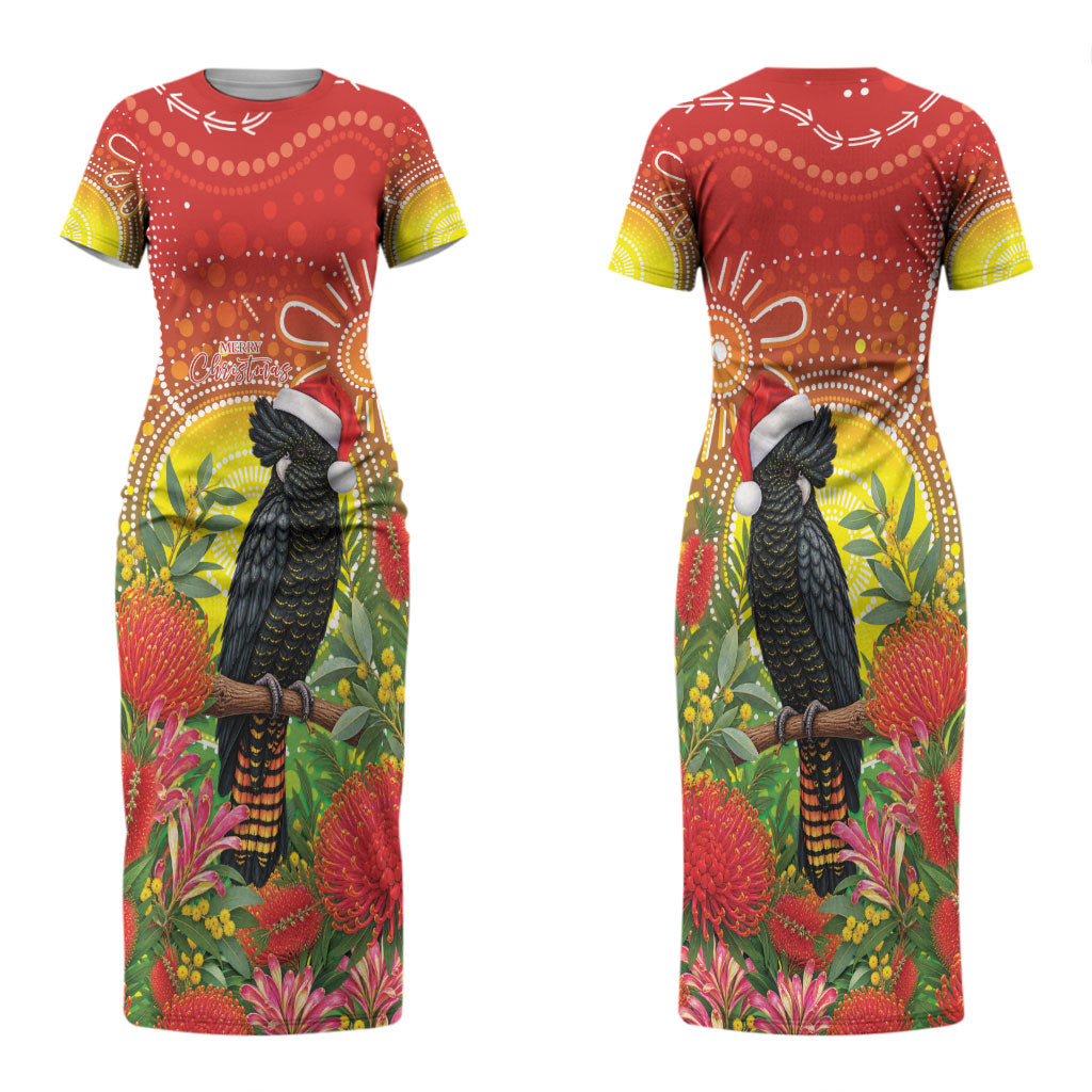Australia Christmas Black Cockatoo Couples Matching Short Sleeve Bodycon Dress and Long Sleeve Button Shirt Aboriginal Art