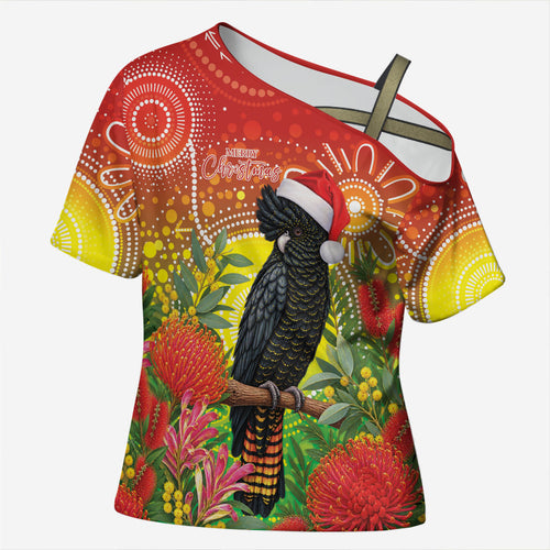 Australia Christmas Black Cockatoo Cross Shoulder Shirt Aboriginal Art