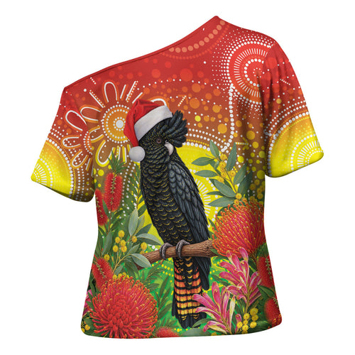 Australia Christmas Black Cockatoo Cross Shoulder Shirt Aboriginal Art
