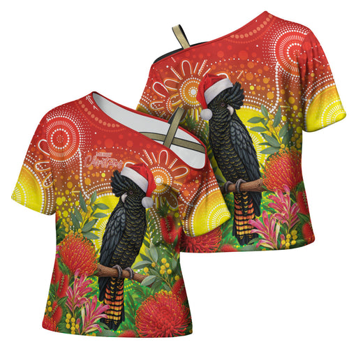 Australia Christmas Black Cockatoo Cross Shoulder Shirt Aboriginal Art
