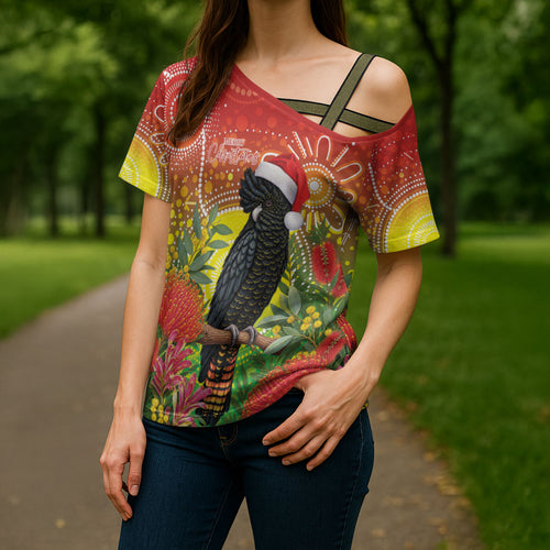 Australia Christmas Black Cockatoo Cross Shoulder Shirt Aboriginal Art