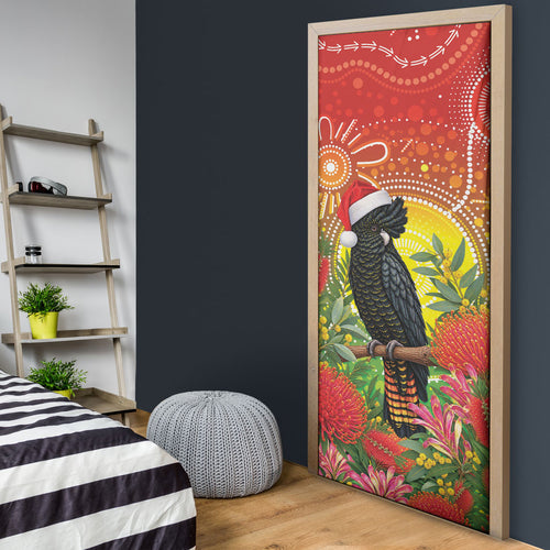 Australia Christmas Black Cockatoo Door Cover Aboriginal Art