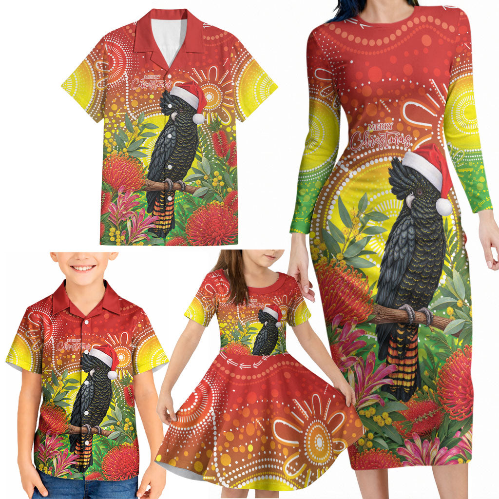 Australia Christmas Black Cockatoo Family Matching Long Sleeve Bodycon Dress and Hawaiian Shirt Aboriginal Art