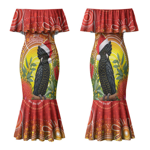Australia Christmas Black Cockatoo Family Matching Mermaid Dress and Hawaiian Shirt Aboriginal Art