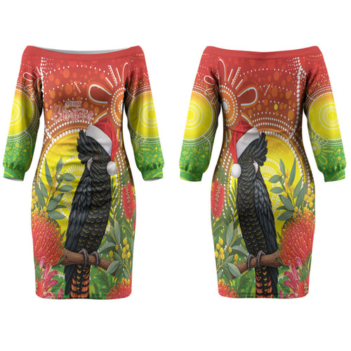 Australia Christmas Black Cockatoo Family Matching Off The Shoulder Long Sleeve Dress and Hawaiian Shirt Aboriginal Art