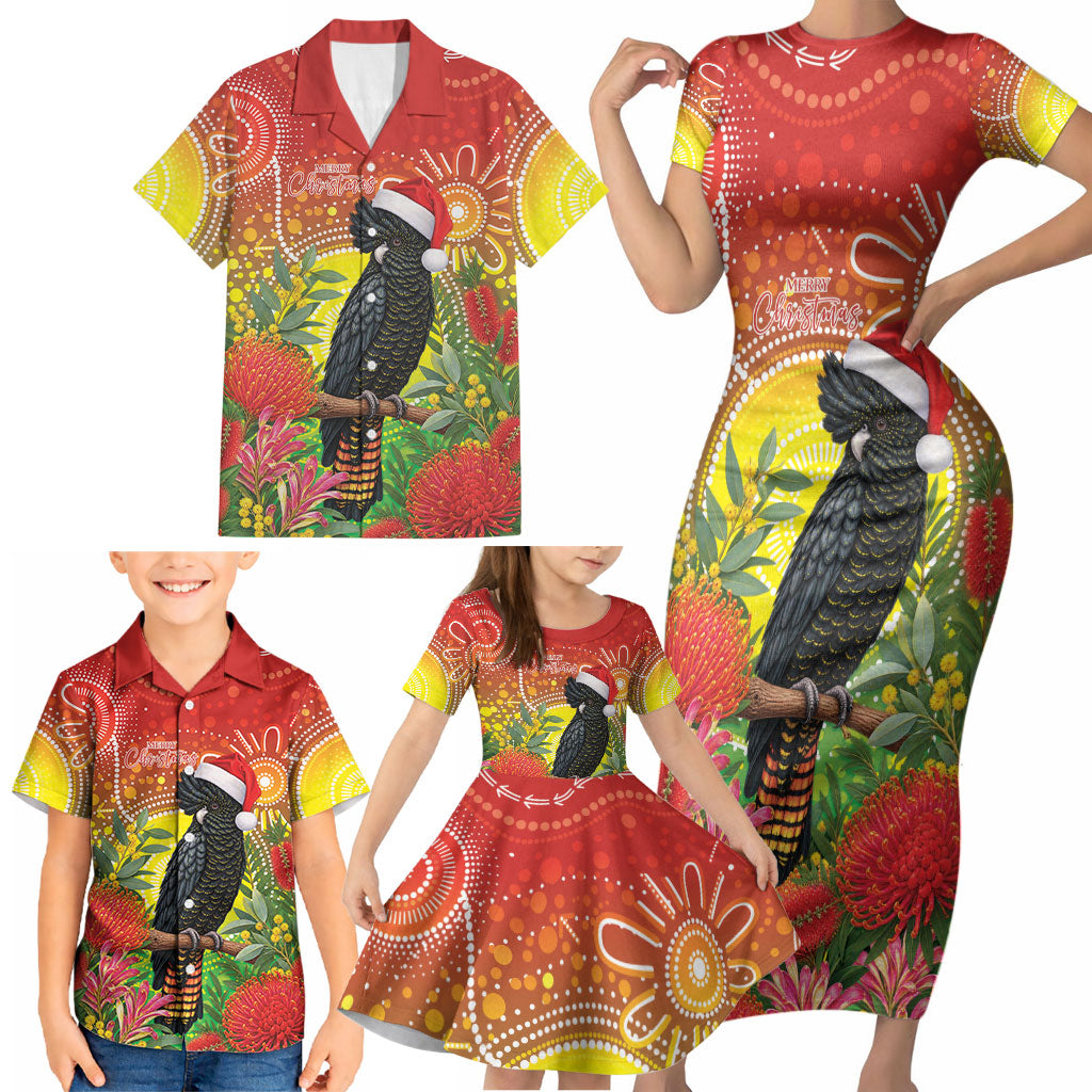 Australia Christmas Black Cockatoo Family Matching Short Sleeve Bodycon Dress and Hawaiian Shirt Aboriginal Art