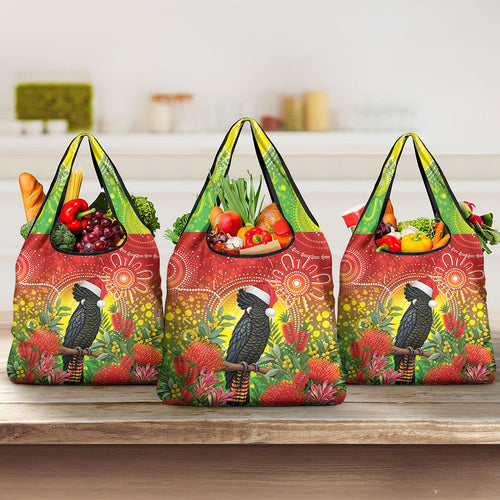 Australia Christmas Black Cockatoo Grocery Bag Aboriginal Art