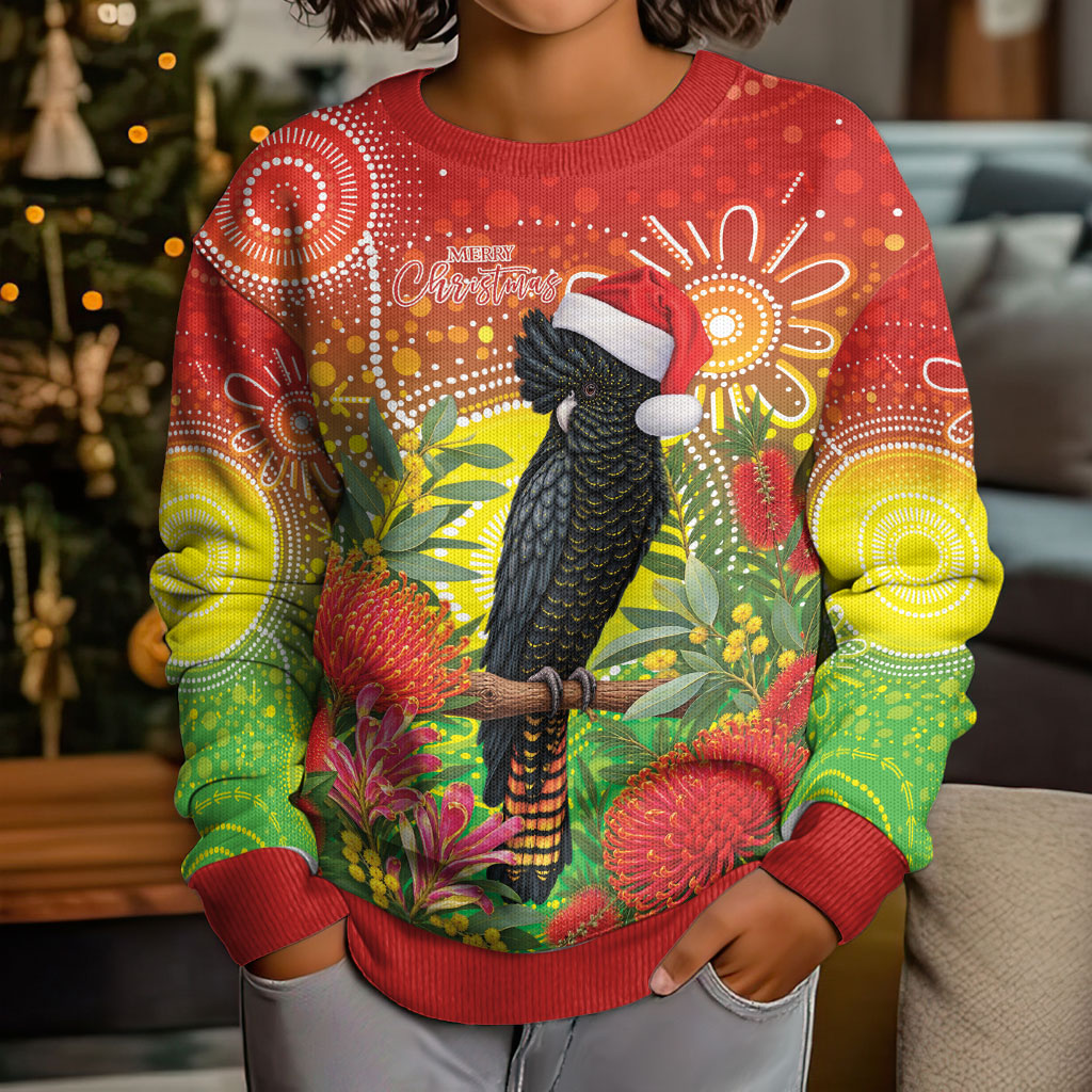 Australia Christmas Black Cockatoo Kid Ugly Christmas Sweater Aboriginal Art