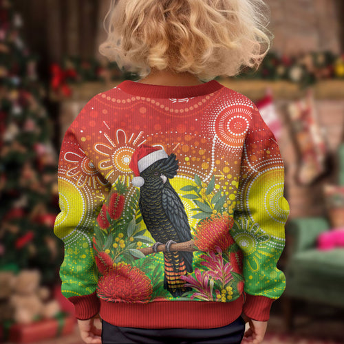 Australia Christmas Black Cockatoo Kid Ugly Christmas Sweater Aboriginal Art