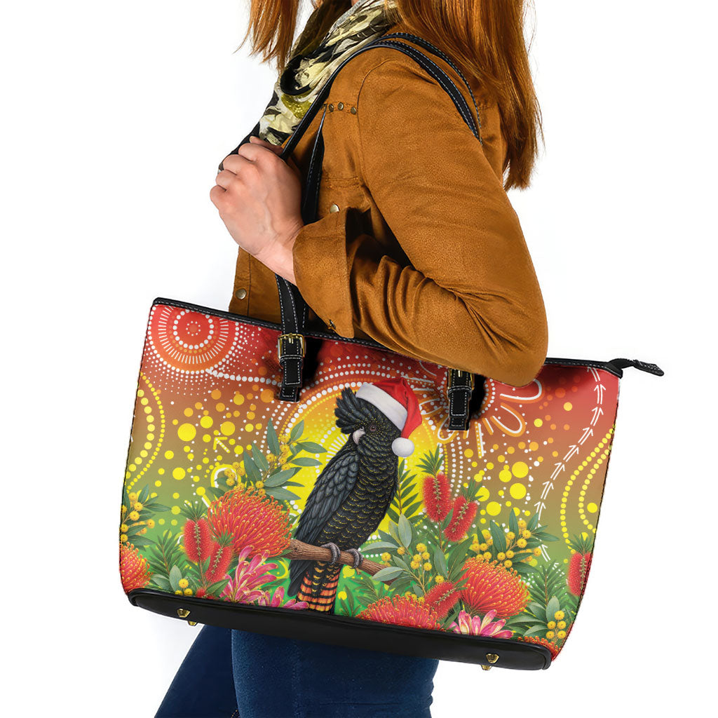 Australia Christmas Black Cockatoo Leather Tote Bag Aboriginal Art