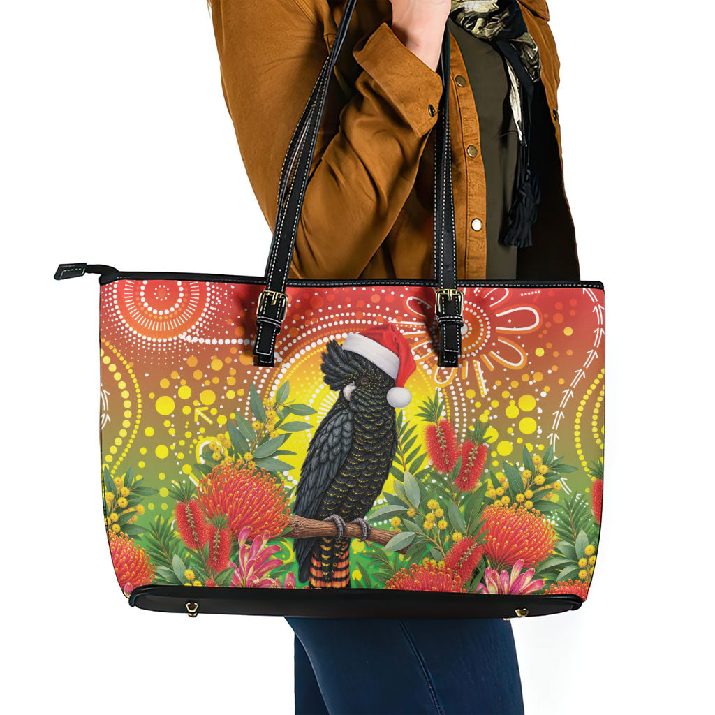 Australia Christmas Black Cockatoo Leather Tote Bag Aboriginal Art