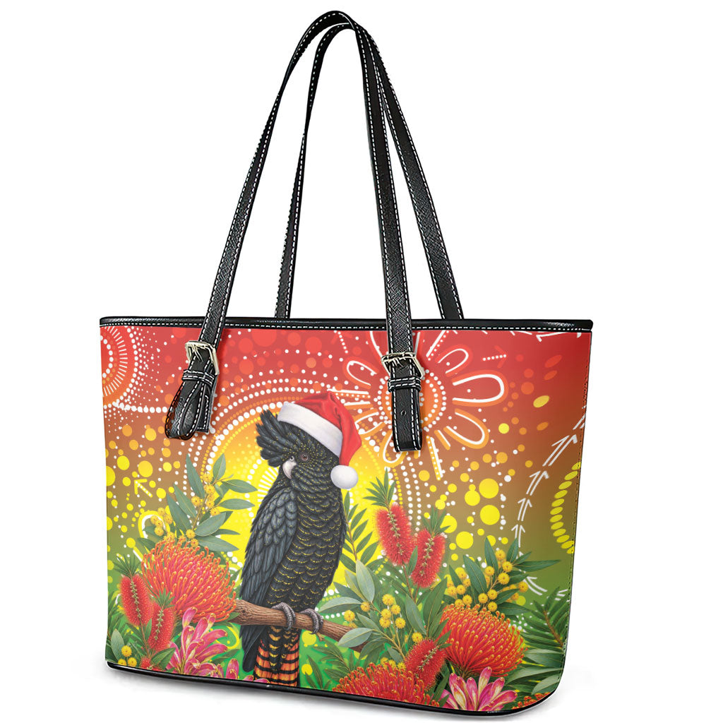 Australia Christmas Black Cockatoo Leather Tote Bag Aboriginal Art