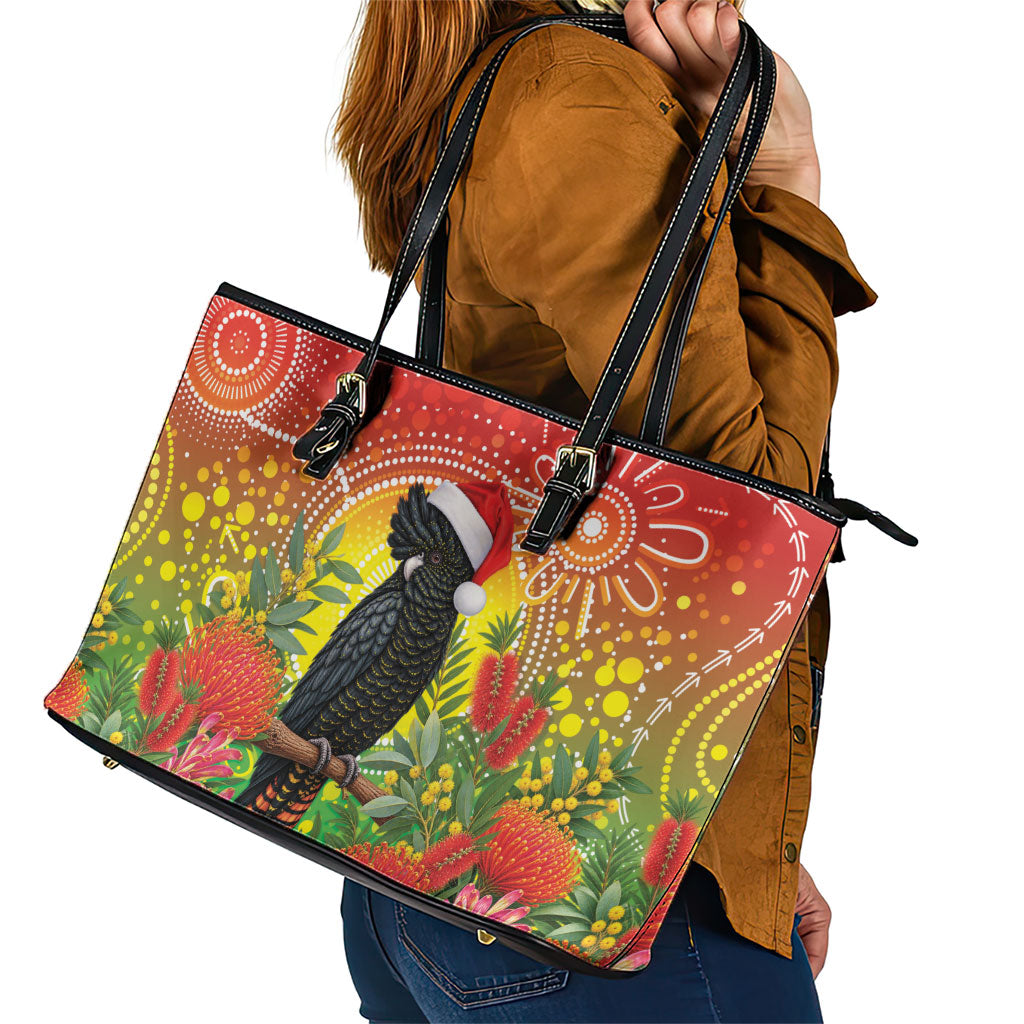 Australia Christmas Black Cockatoo Leather Tote Bag Aboriginal Art