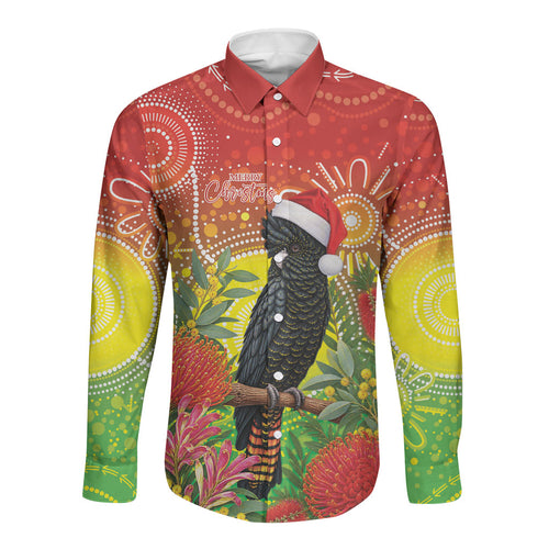 Australia Christmas Black Cockatoo Long Sleeve Button Shirt Aboriginal Art