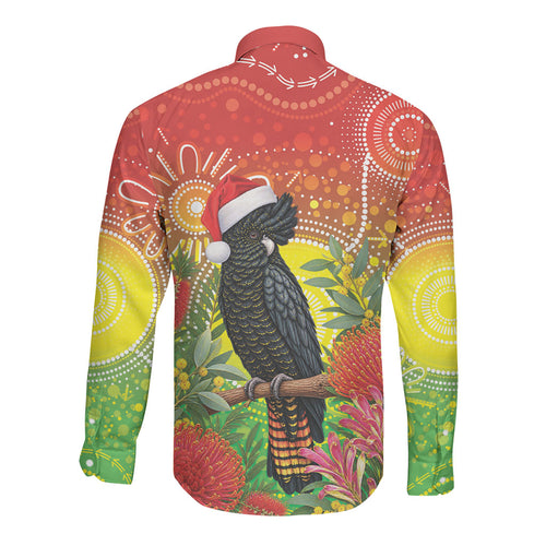 Australia Christmas Black Cockatoo Long Sleeve Button Shirt Aboriginal Art