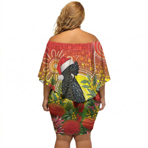 Australia Christmas Black Cockatoo Off Shoulder Short Dress Aboriginal Art