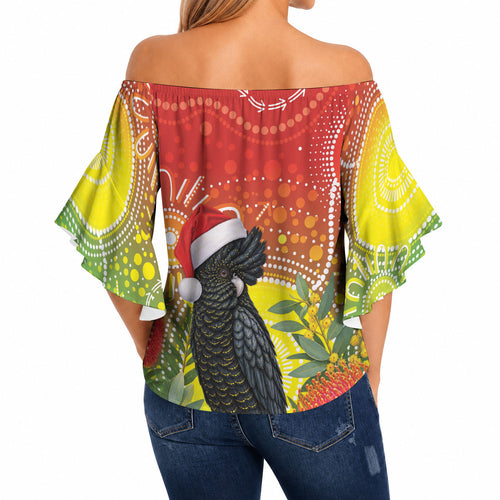 Australia Christmas Black Cockatoo Off Shoulder Wrap Waist Top Aboriginal Art