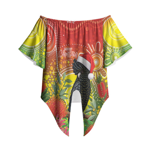 Australia Christmas Black Cockatoo Off Shoulder Wrap Waist Top Aboriginal Art