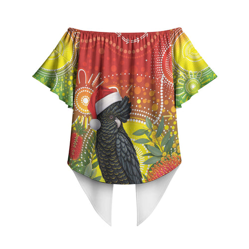 Australia Christmas Black Cockatoo Off Shoulder Wrap Waist Top Aboriginal Art