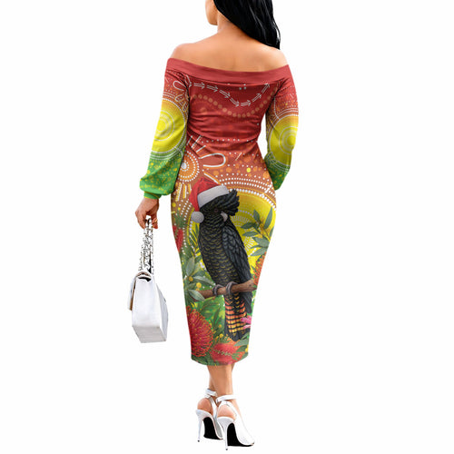 Australia Christmas Black Cockatoo Off The Shoulder Long Sleeve Dress Aboriginal Art