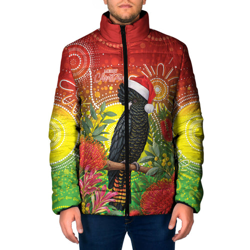 Australia Christmas Black Cockatoo Padded Jacket Aboriginal Art