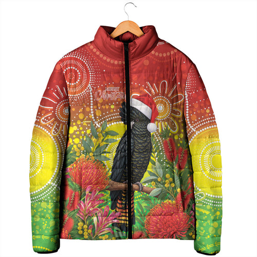 Australia Christmas Black Cockatoo Padded Jacket Aboriginal Art