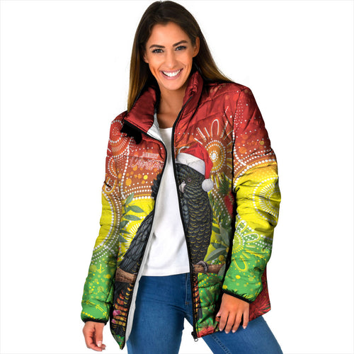 Australia Christmas Black Cockatoo Padded Jacket Aboriginal Art