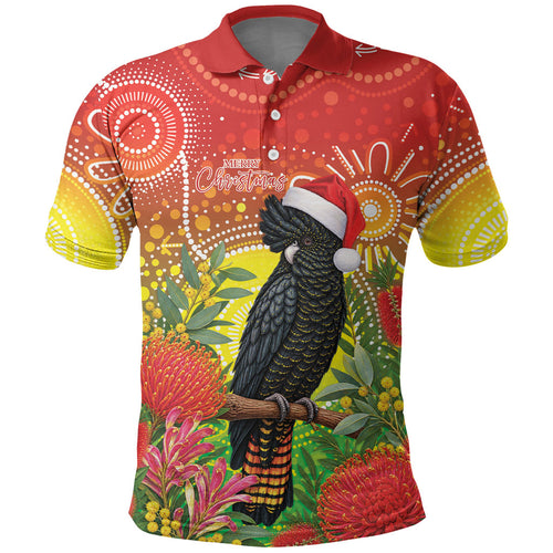 Australia Christmas Black Cockatoo Polo Shirt Aboriginal Art