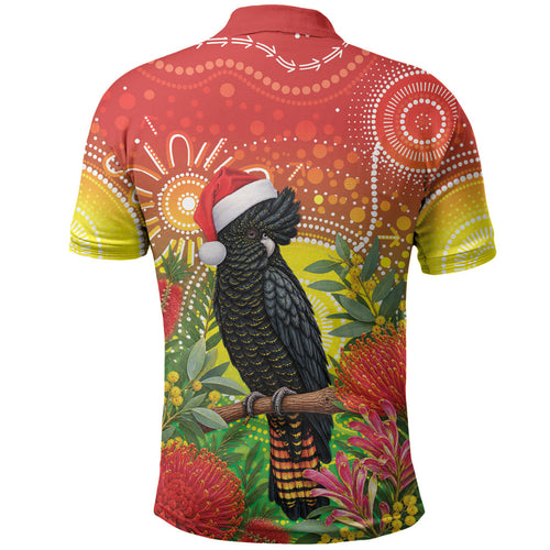 Australia Christmas Black Cockatoo Polo Shirt Aboriginal Art