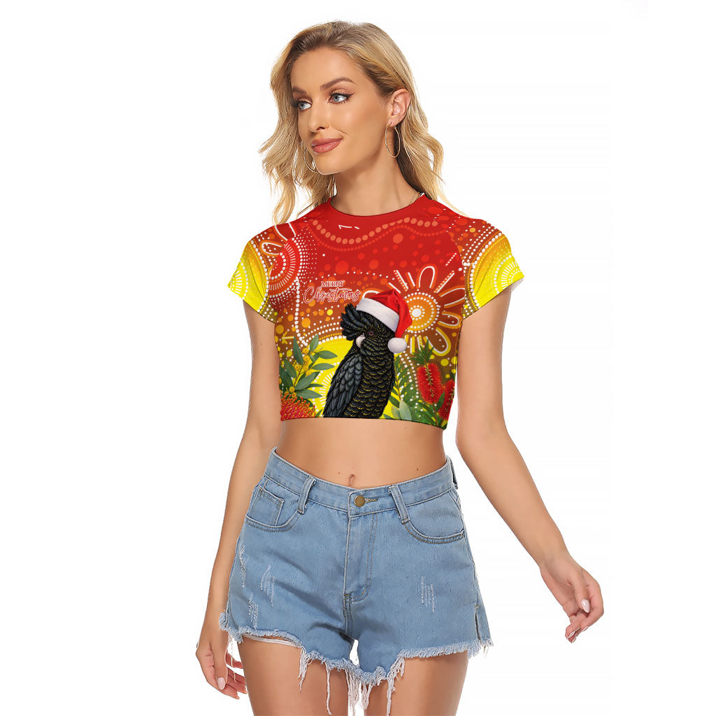 Australia Christmas Black Cockatoo Raglan Cropped T Shirt Aboriginal Art