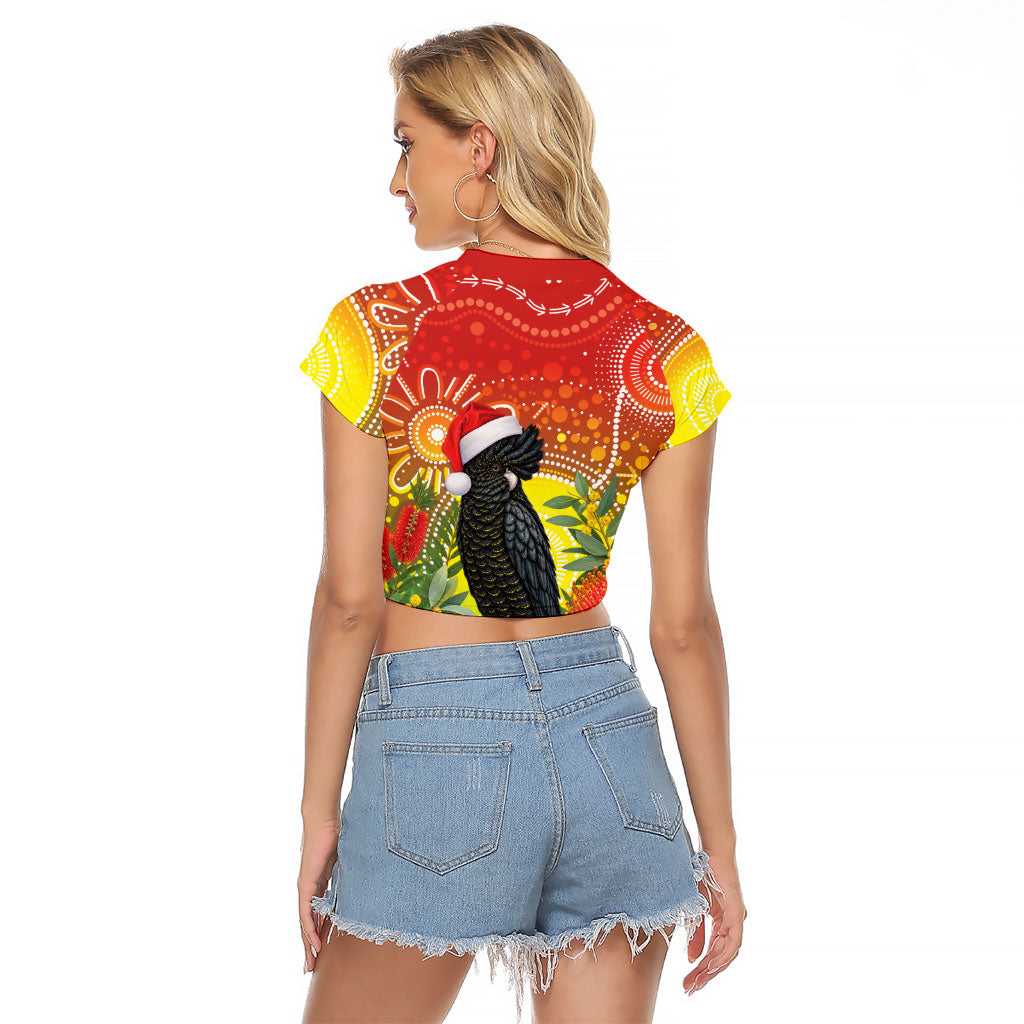 Australia Christmas Black Cockatoo Raglan Cropped T Shirt Aboriginal Art
