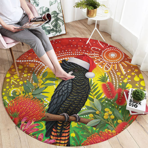 Australia Christmas Black Cockatoo Round Carpet Aboriginal Art