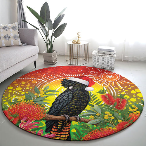 Australia Christmas Black Cockatoo Round Carpet Aboriginal Art