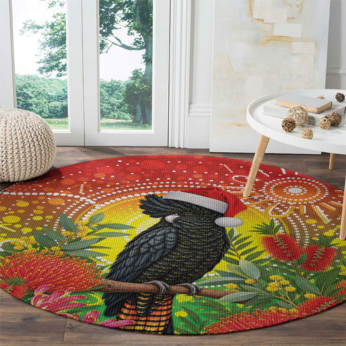 Australia Christmas Black Cockatoo Round Carpet Aboriginal Art